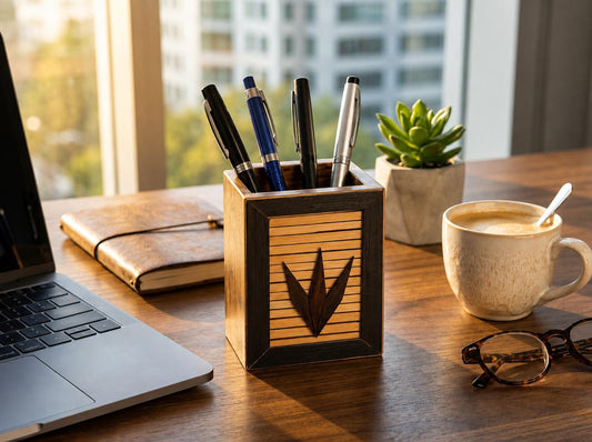 GENORA INDIA Premium Wooden Pen Stand – Handmade Desk Organizer & Tabletop Stationery Holder