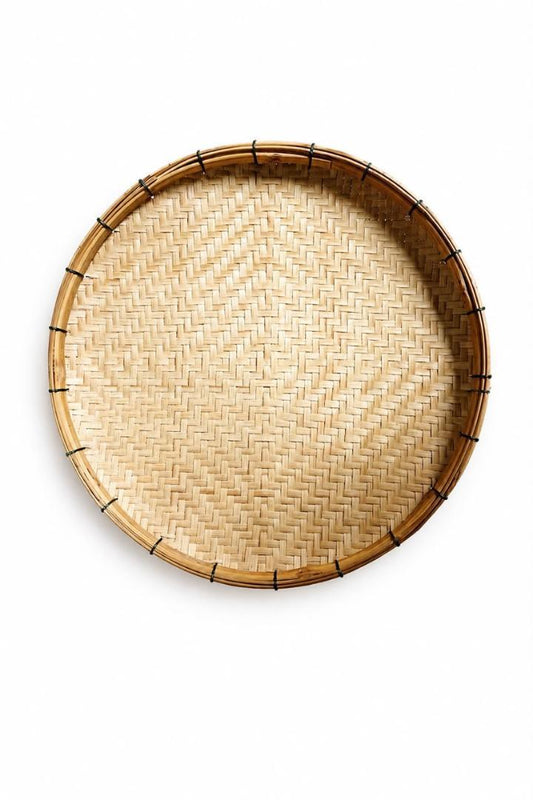 Natural Bamboo Handwoven Serving Tray | Eco-Friendly Round Serving Basket for Kitchen & Home