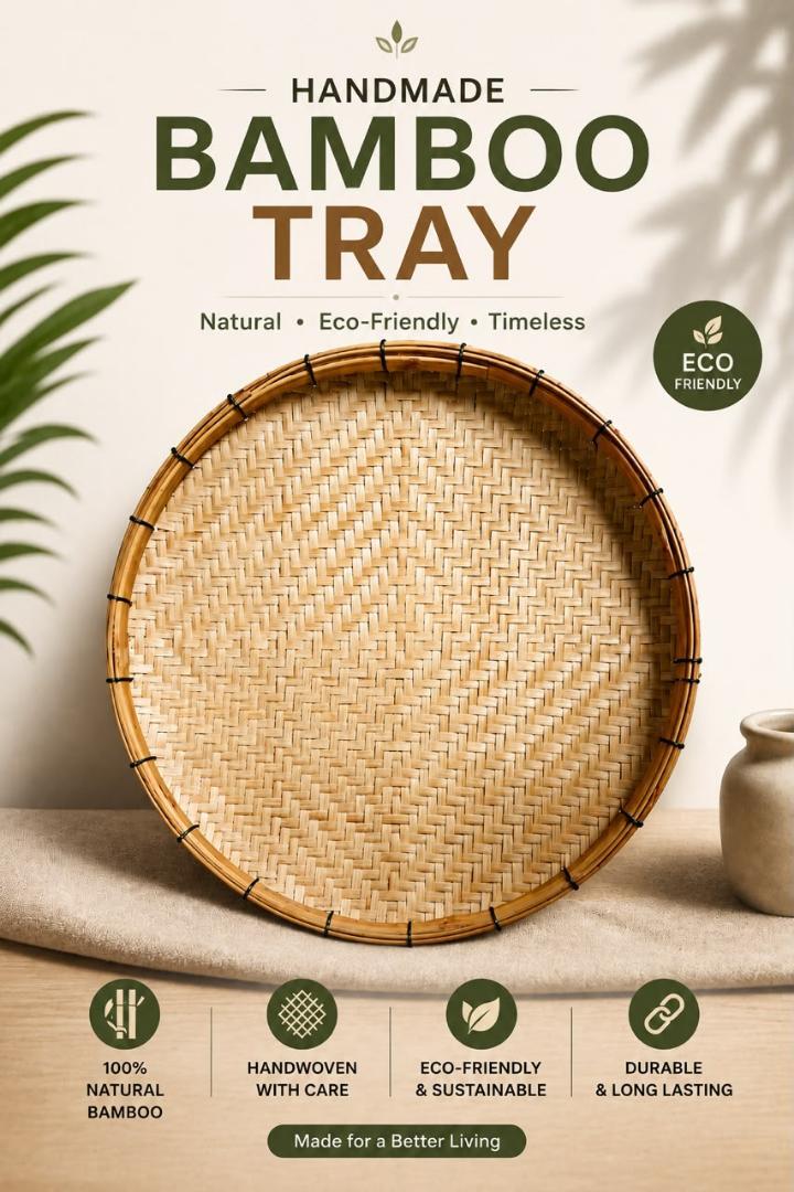 Natural Bamboo Handwoven Serving Tray | Eco-Friendly Round Serving Basket for Kitchen & Home