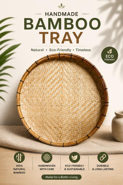 Natural Bamboo Handwoven Serving Tray | Eco-Friendly Round Serving Basket for Kitchen & Home