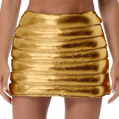 Womens Lightweight Metallic Shiny Skirts Winter Warm A-Line Mini