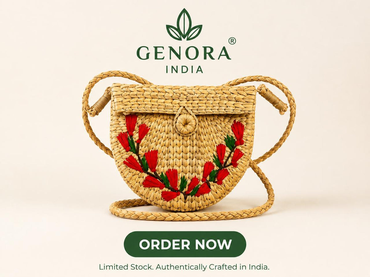 GENORA INDIA Handcrafted Straw Sling Bag for Women – Floral Embroidered Woven Crossbody Bag