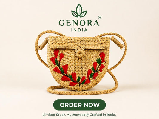 GENORA INDIA Handcrafted Straw Sling Bag for Women – Floral Embroidered Woven Crossbody Bag