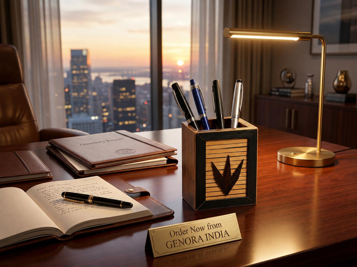GENORA INDIA Premium Wooden Pen Stand – Handmade Desk Organizer & Tabletop Stationery Holder