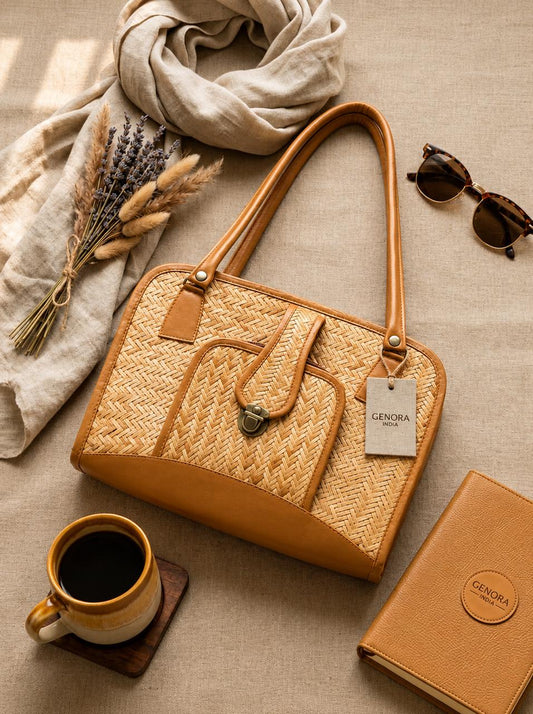 GENORA INDIA Premium Woven Tote Bag for Women – Stylish Handcrafted Straw & Rattan Shoulder Bag