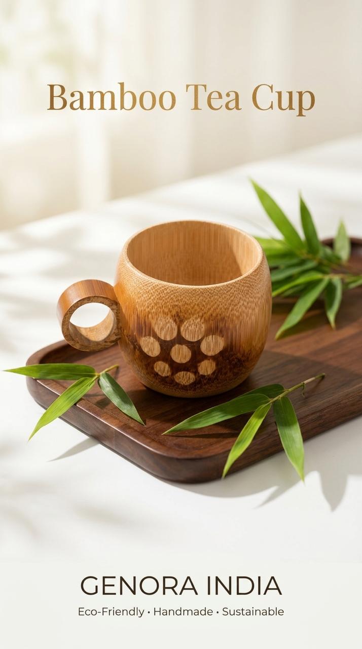 GENORA INDIA Natural Bamboo Coconut-Style Mug – Eco-Friendly Wooden Cup for Home, Office & Gifting